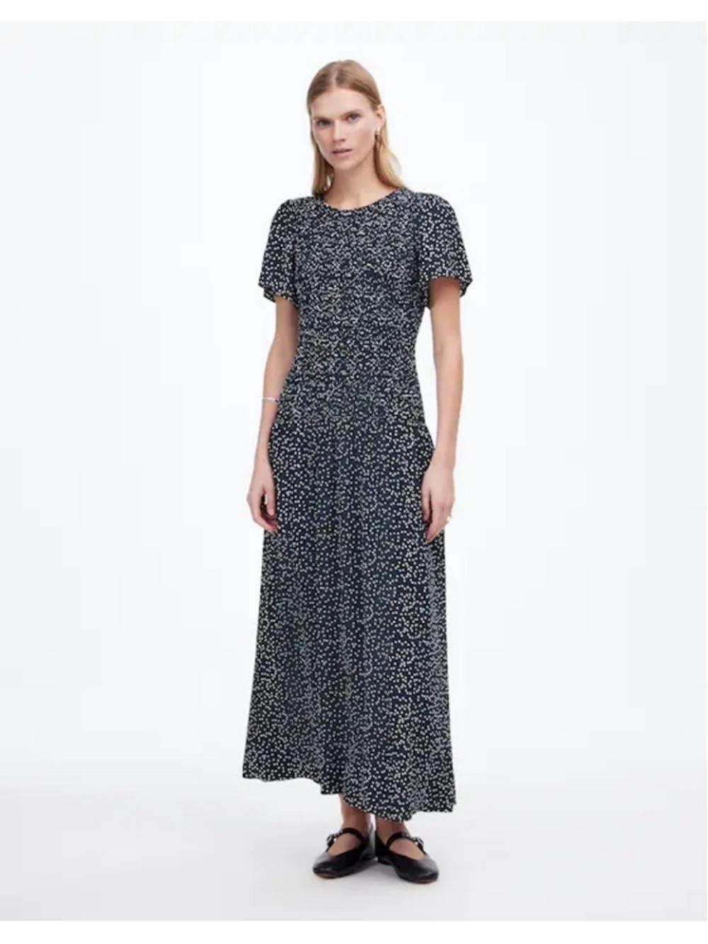 Madewell Flutter Smocked Midi Dress Size 4 Blue White Floral Print